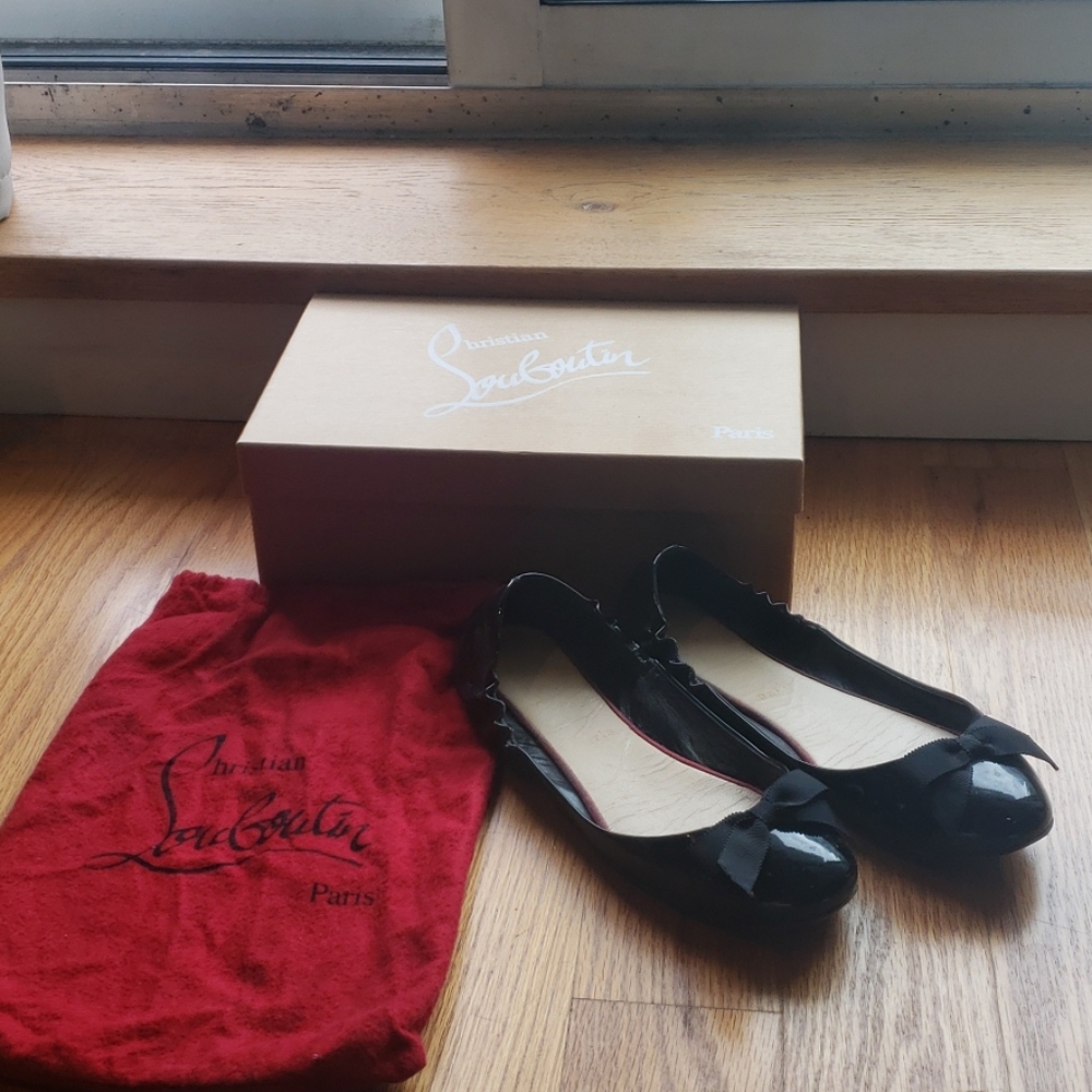 Christian Louboutin Black Patent Leather Bow Ballet Flats